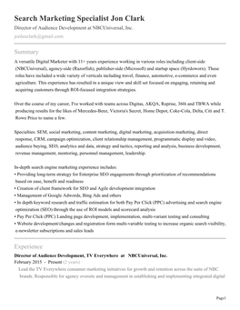 Search Marketing Specialist Jon Clark Director of Audience Development at Nbcuniversal, Inc