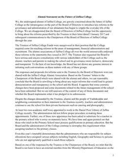 Alumni Statement on the Future of Jaffna College