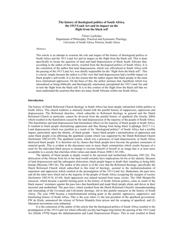 The History of Theologised Politics of South Africa, the 1913 Land Act and Its Impact on the Flight from the Black Self