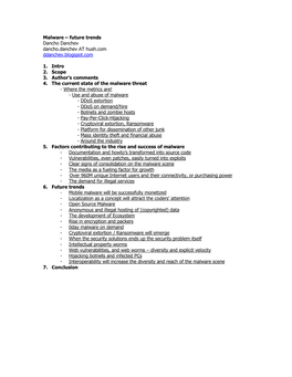 Malware – Future Trends Dancho Danchev Dancho.Danchev at Hush.Com Ddanchev.Blogspot.Com