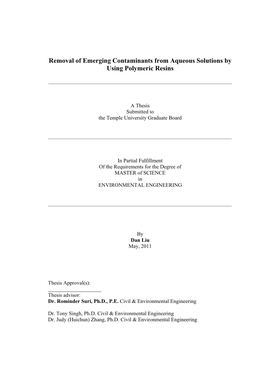 Removal of Emerging Contaminants from Aqueous Solutions by Using Polymeric Resins