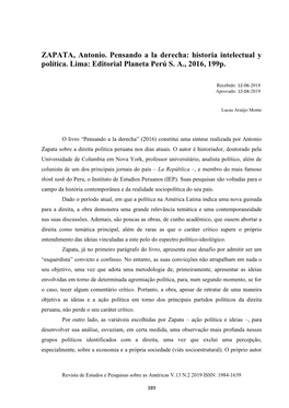 ZAPATA, Antonio. Pensando a La Derecha: Historia Intelectual Y Política