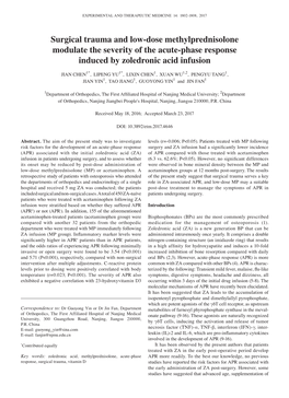 Surgical Trauma and Low‑Dose Methylprednisolone Modulate the Severity of the Acute‑Phase Response Induced by Zoledronic Acid Infusion