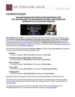 Oscar®-Nominated Production Designers and Set Decorators to Participate in Panel Discussion on February 25 at Egyptian Theatre