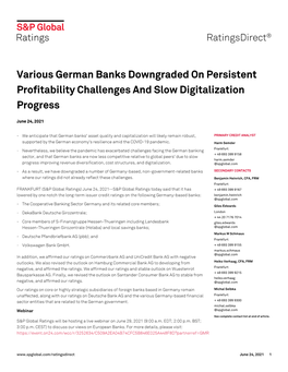 Various German Banks Downgraded on Persistent Profitability Challenges and Slow Digitalization Progress