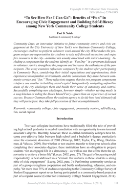 To See How Far I Can Go”: Benefits of “Fun” in Encouraging Civic Engagement and Building Self-Efficacy Among New York Community College Students