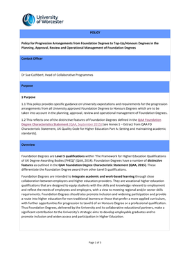 Policy for Progression Arrangements from Foundation Degrees to Top