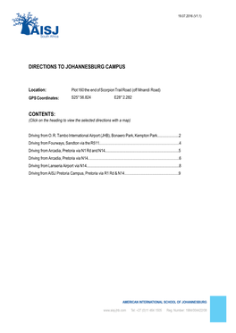 Directions to Johannesburg Campus Contents