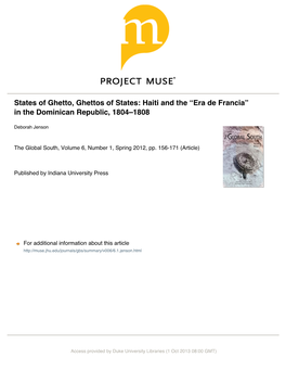 States of Ghetto, Ghettos of States: Haiti and the “Era De Francia” in the Dominican Republic, 1804–1808