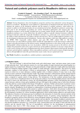 Natural and Synthetic Polymers Used in Bioadhesive Delivery System