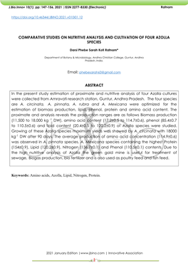 Comparative Studies on Nutritive Analysis and Cultivation of Four Azolla Species