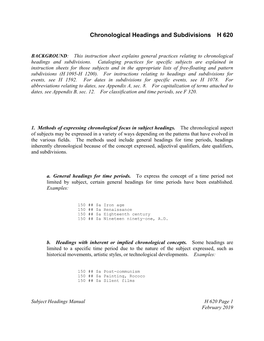 H 620 Chronological Headings and Subdivisions