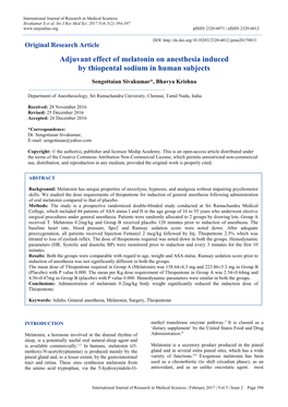 Adjuvant Effect of Melatonin on Anesthesia Induced by Thiopental Sodium in Human Subjects