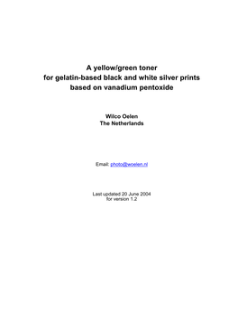 A Yellow/Green Toner for Gelatin-Based Black and White Silver Prints Based on Vanadium Pentoxide