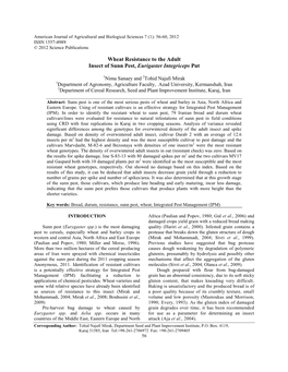 Wheat Resistance to the Adult Insect of Sunn Pest, Eurigaster Integriceps Put