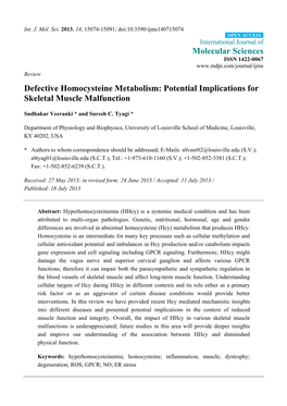 Defective Homocysteine Metabolism: Potential Implications for Skeletal Muscle Malfunction