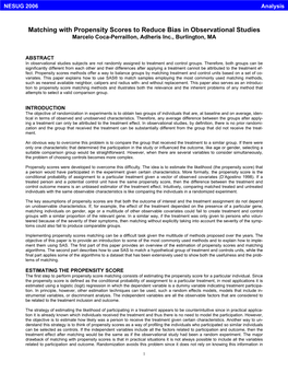 Matching with Propensity Scores to Reduce Bias in Observational Studies Marcelo Coca-Perraillon, Adheris Inc., Burlington, MA