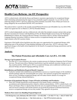 AOTA Analysis: Health Care Reform, an OT Perspective