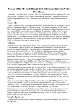 Geology of the HS2 Route Through the Chilterns and the Colne Valley