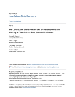 The Contribution of the Pineal Gland on Daily Rhythms and Masking in Diurnal Grass Rats, Arvicanthis Niloticus