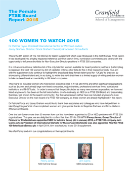 The Female FTSE Board Report 2015 100 WOMEN to WATCH 2015