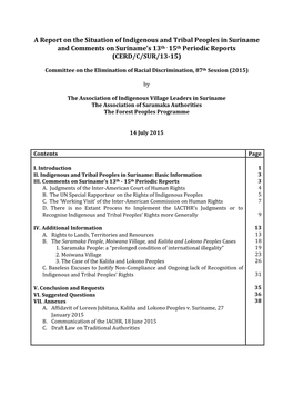 A Report on the Situation of Indigenous and Tribal Peoples in Suriname and Comments on Suriname’S 13Th - 15Th Periodic Reports (CERD/C/SUR/13-15)