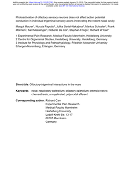 Photoactivation of Olfactory Sensory Neurons Does Not Affect Action Potential Conduction in Individual Trigeminal Sensory Axons Innervating the Rodent Nasal Cavity