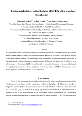 Fundamental Miniaturization Limits for Mosfets with a Monolayer Моs2