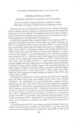 MINERALOGICAL NOTES THERMAL STABILITY of AZURITE and MALACHITE Der,B R