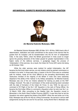 Air Marshal Subroto Mukerjee Memorial Oration