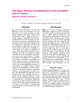 The Stars Alcyone and Aldebaran in the Constella- Tion of Taurus Maureen Temple Richmond