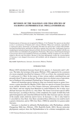 Revision of the Malesian and Thai Species of Sauropus (Euphorbiaceae: Phyllanthoideae)