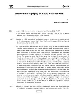 Selected Bibliography on Rajaji National Park