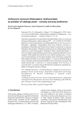 Anthocoris Nemorum (Heteroptera: Anthocoridae) As Predator of Cabbage Pests – Voracity and Prey Preference