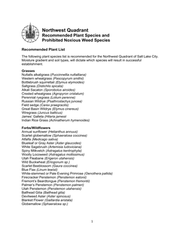 Northwest Quadrant Recommended Plant Species and Prohibited Noxious Weed Species