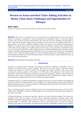 Review on Actors and Their Value Adding Activities in Honey Value Chain; Challenges and Opportunities in Ethiopia