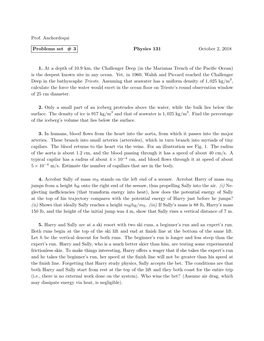 Prof. Anchordoqui Problems Set # 3 Physics 131 October 2, 2018 1. at a Depth of 10.9 Km, the Challenger Deep (In the Marianas Tr