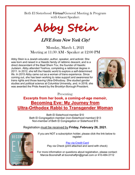 Abby Stein LIVE from New York City!