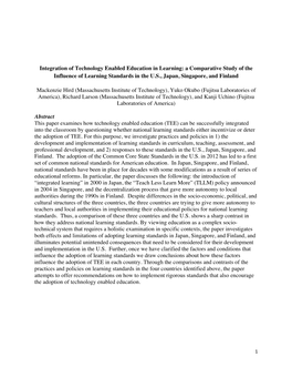 Integration of Technology Enabled Education in Learning: a Comparative Study of the Influence of Learning Standards in the U.S., Japan, Singapore, and Finland