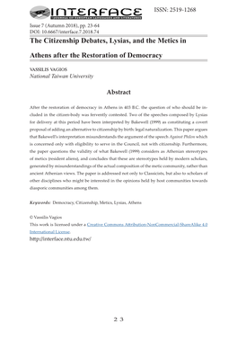 The Citizenship Debates, Lysias, and the Metics in Athens After The