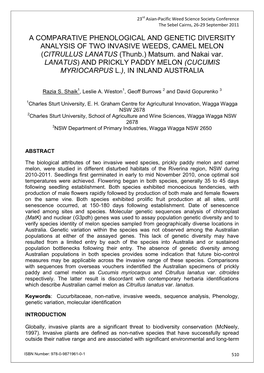 A COMPARATIVE PHENOLOGICAL and GENETIC DIVERSITY ANALYSIS of TWO INVASIVE WEEDS, CAMEL MELON (CITRULLUS LANATUS (Thunb.) Matsum