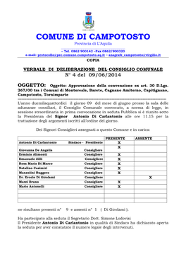 COMUNE DI CAMPOTOSTO Provincia Di L’Aquila ______– Tel