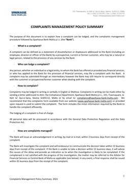 Complaints Management Policy Summary