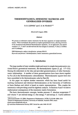 Thermodynamics, Mnemonic Matrices and Generalized Inverses