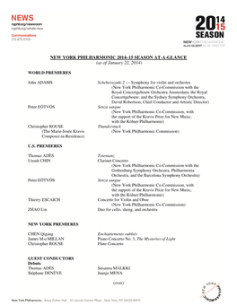 NEW YORK PHILHARMONIC 2014–15 SEASON AT-A-GLANCE (As of January 22, 2014)