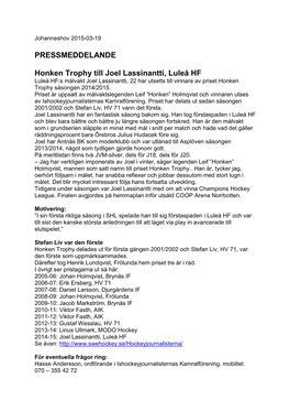 PRESSMEDDELANDE Honken Trophy Till Joel Lassinantti, Luleå HF
