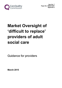 Market Oversight of 'Difficult to Replace' Providers of Adult Social Care