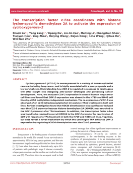 The Transcription Factor C-Fos Coordinates with Histone Lysine-Specific Demethylase 2A to Activate the Expression of Cyclooxygenase-2