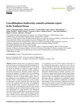 Coccolithophore Biodiversity Controls Carbonate Export in the Southern Ocean