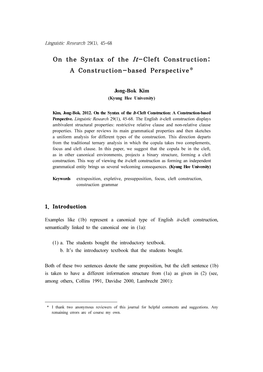 On the Syntax of the It-Cleft Construction: a Construction-Based Perspective*